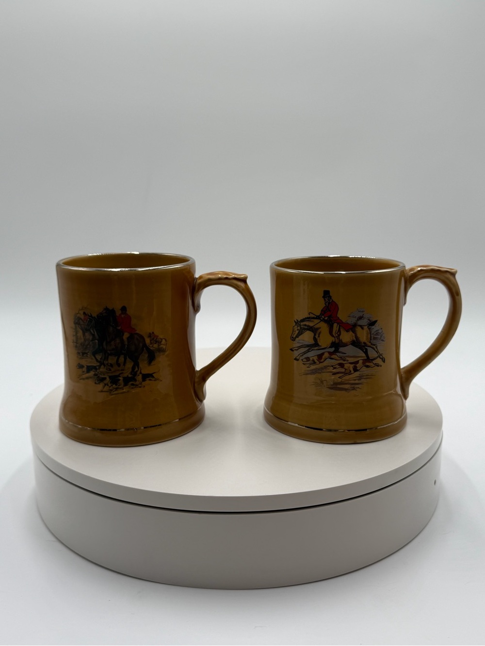 Set of 2 Vintage Wade Ceramic Ireland Beer Mugs: Hunting/Equestrian Scene Decor